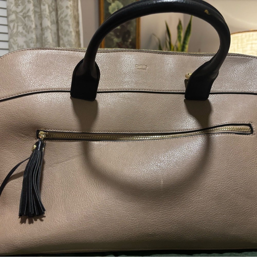 Elegant Beige Satchel with Black Handles